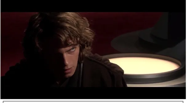 Figure  6: Anakin turning to the  dark side , a fact symbolize d by the  two halve d  face; one dark and the other one enlighte ned 
