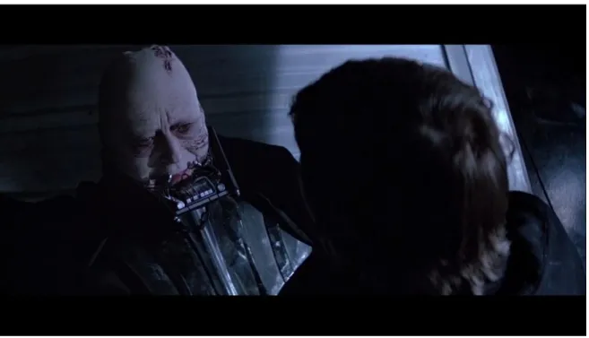 Figure 9: Dark Vader unmasked by his son, at the moment of his redemption, looking  very white, archetype for the light and the good back in him