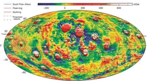 Fig. 3 Bouguer anomaly map of the Moon showing the location of large mass concentrations under impact basins (from Neumann et al