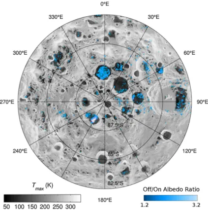 Fig. 8 Locations of anomalous UV albedo consistent with water ice (figure from Hayne et al