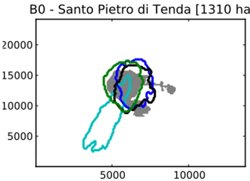 Figure 5. Case of the Santo Pietro di Tenda fire (1 July 2003; B0 in the Appendix) as observed (burned area in grey) and simulated by the non-stationary Balbi model (blue), the stationary Balbi model (green), the Rothermel model (black) and the 3 % model (