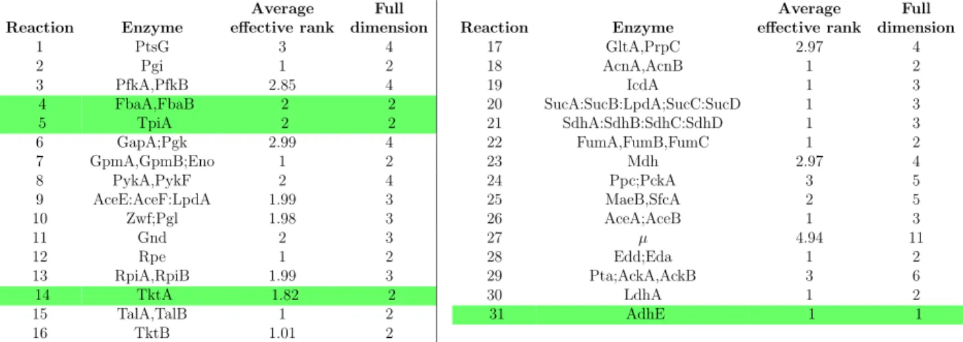 Table 2: Average effective rank computed for the reactions in the linlog model of E. coli central carbon metabolism, using the data of Ishii et al