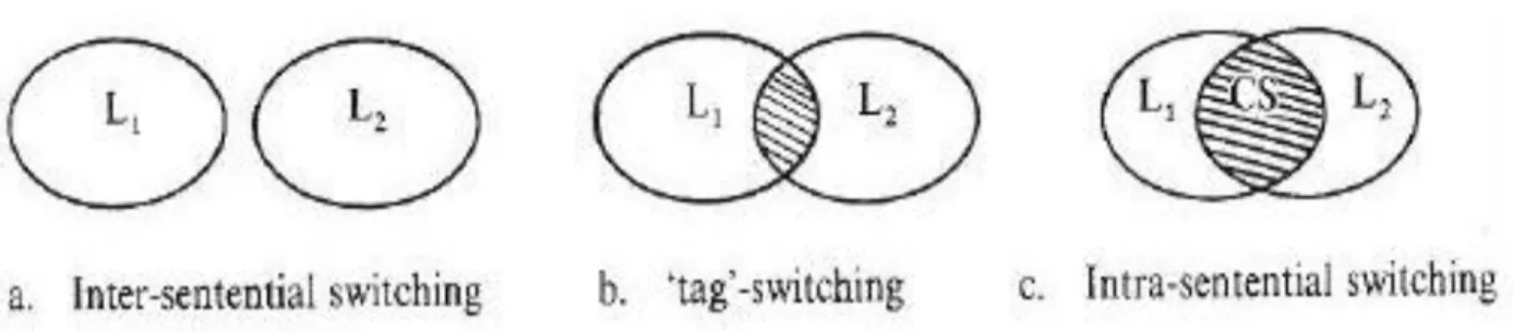 Figure 1.2. The types of codeswitching and the degree of codeswitching in them  (Poplack 180: 615) 