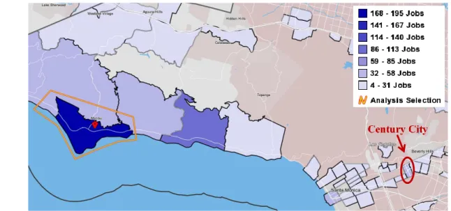 Figure 8. Malibu inverse laborshed with the Century City census tract indicated in red
