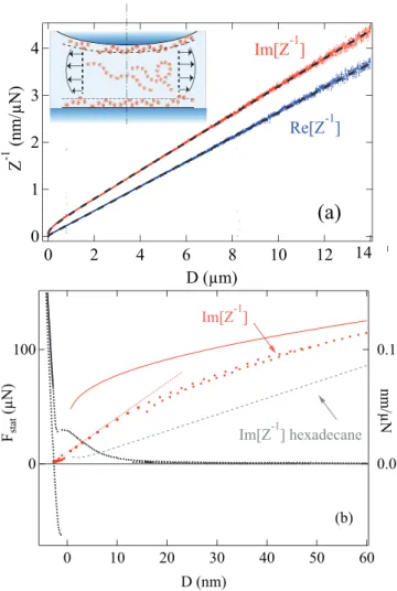FIG. 6: (a): components of 1/Z for a HPAM solution between borosilicate surfaces as a function of the distance in micrometers