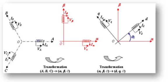 Figure II.3 : schémas illustrant la double transformation triphasée biphasée  exploitant la transformation de Park 