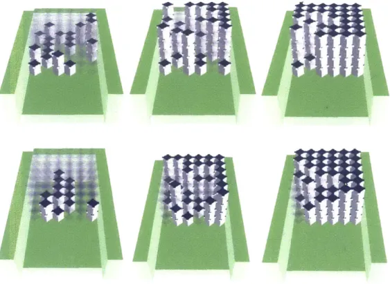 Figure  5-3:  Part  placement  while building  a  solid  cube  using  uniform  mass  (top)  and  or- or-dering  (bottom)
