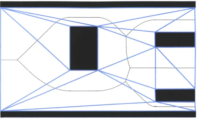 Figure 2.5.  Generalized Voronoi  diagram (thin black lines)  and corresponding constrained Delaunay  triangulation (blue)  of  an environment  with obstacles  (black