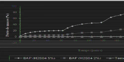 Figure 2. Variation de la perte en poids du BAP en fonction de la période   d’immersion en 5% H 2 SO 4 ,  2% H 2 SO 4   et de celle du témoin (eau distillée)