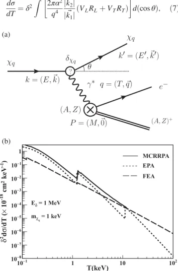 FIG. 2. (a) Schematic diagram of a relativistic- χ q with charge fraction δ interaction via atomic ionization channel
