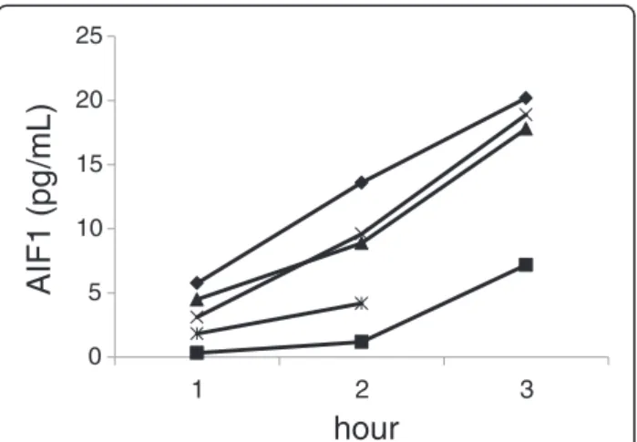 Figure 1 AIF-1 secretion from WAT in vitro . Pieces of WAT (300 mg) were incubated in Krebs-Ringer phosphate buffer (pH 7.4) supplemented with 40 g/liter of defatted bovine serum albumin and 1 g/liter of glucose (3 mL) and the concentration of AIF-1 in med