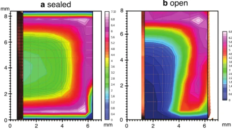 Fig. 9 FTIR maps of the Ti-hydroxyl content of two pellets hotpressed in the same experiment (6805) (a) The Pt capsule enclosing the pellet was welded shut prior to insertion in the assembly