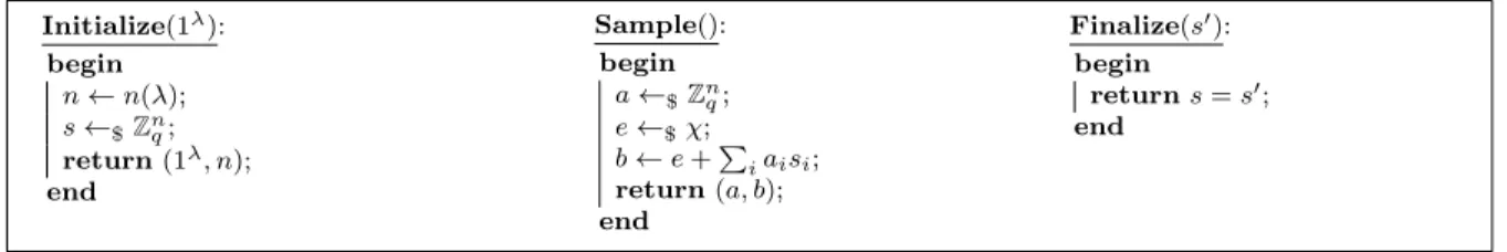 Fig. 8. Game LWE n,q,χ .
