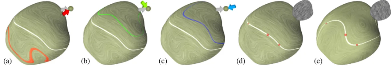 Figure 5: (a-c) The highlight tangent field ℓℓℓ of a white key light source is visualized using LIC, and compared to the highlight curves of 3 light sources (in red, green &amp; blue): the closer the light source direction, the better ℓℓℓ characterizes hig