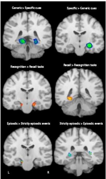 Figure 1: ALE maps thresholded at p&lt;0.05 corrected for the following comparisons: (top left)  Generic &gt; Specific cues centered on the bilateral posterior parahippocampal gyrus; (top right)  Specific &gt; Generic cues centered on the right anterior hi