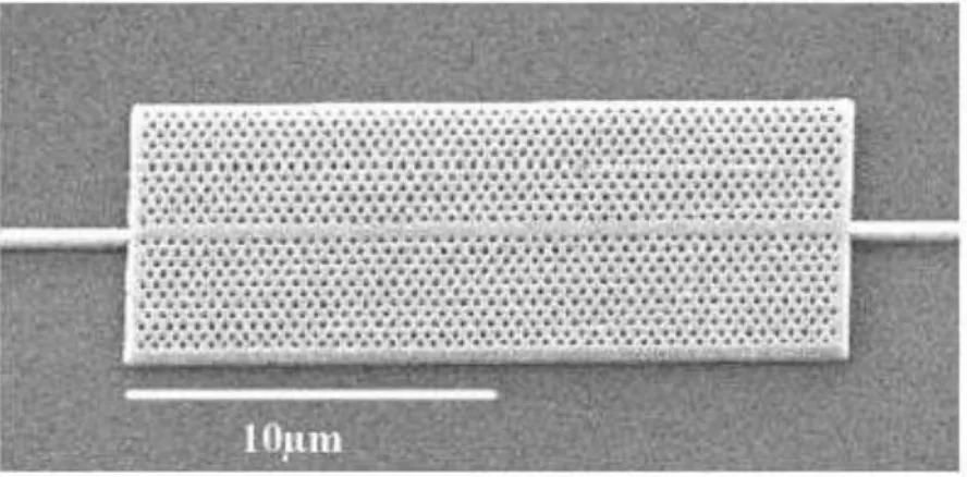 Figure I.19 : Exemple de guide W1 à cristal photonique hexagonal de trous d’air sur un  substrat de silicium sur isolant [14]