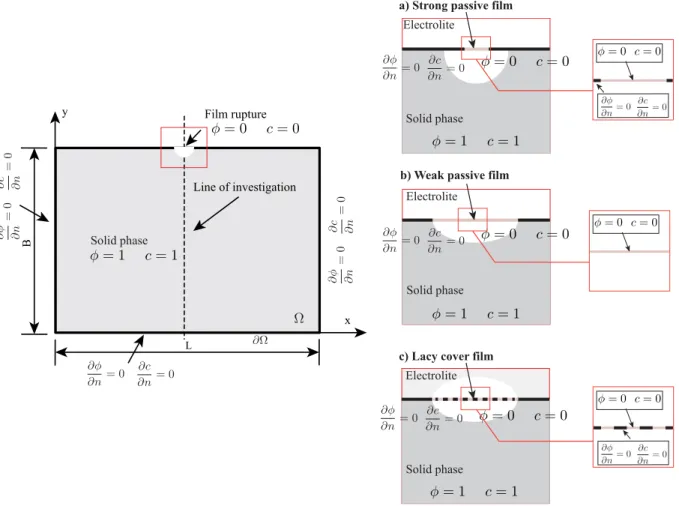 Figure 4: Geometry and boundary conditions of Benchmark test, different schemes used to model the break down of passive film is illustrated