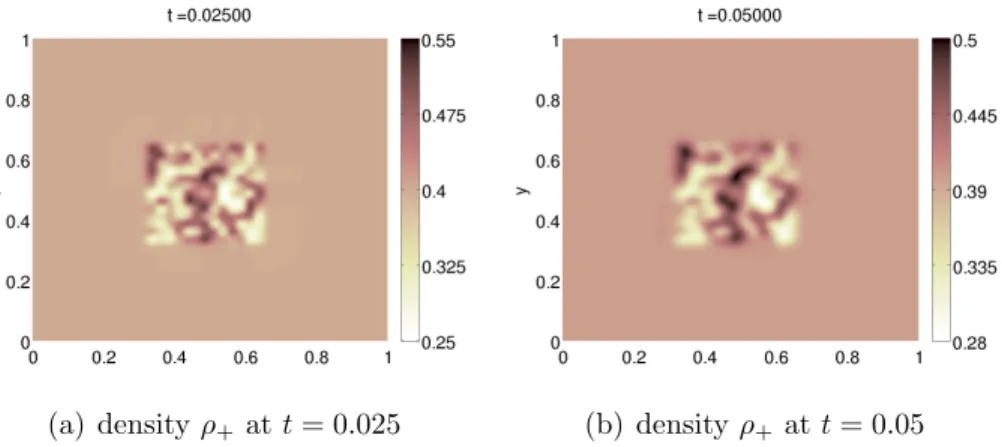 Figure 13: Crowd model: Density ρ + as a function of x and y at times t = 0.025 (Fig.