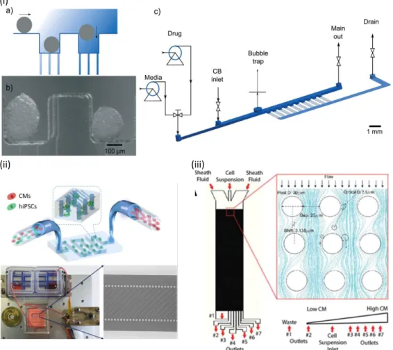 Figure 10. Microfluidic devices for cardiac cells capture/separation: (i) capture of hiPSC-CMs clusters on chip which was  used  for  drug  testing,  reprinted  with  permission  from  [179]