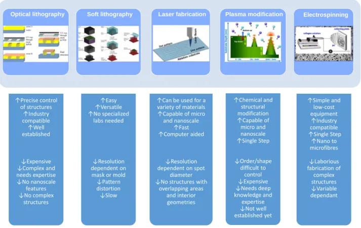 Figure 3. Basic micro and nanoengineering methods used in cardiac tissue engineering. Schematic representations of  the method, followed by advantages and disadvantages for their use in cardiac tissue engineering