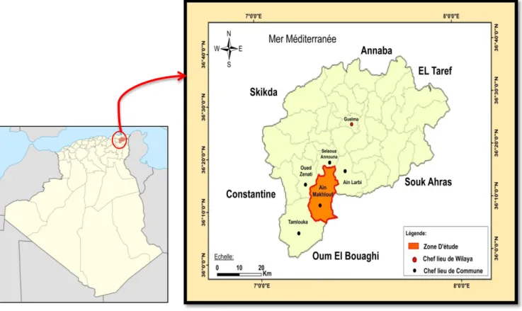 Figure 1 : Situation géographique et administrative de la commune d’Ain Makhlouf. 
