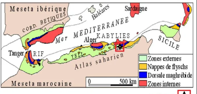 Figure 6: Coupe générale synthétique des Maghrébides de l’Est algérien  avec localisation  du secteur d’étude (Peybernès et al., 2002).