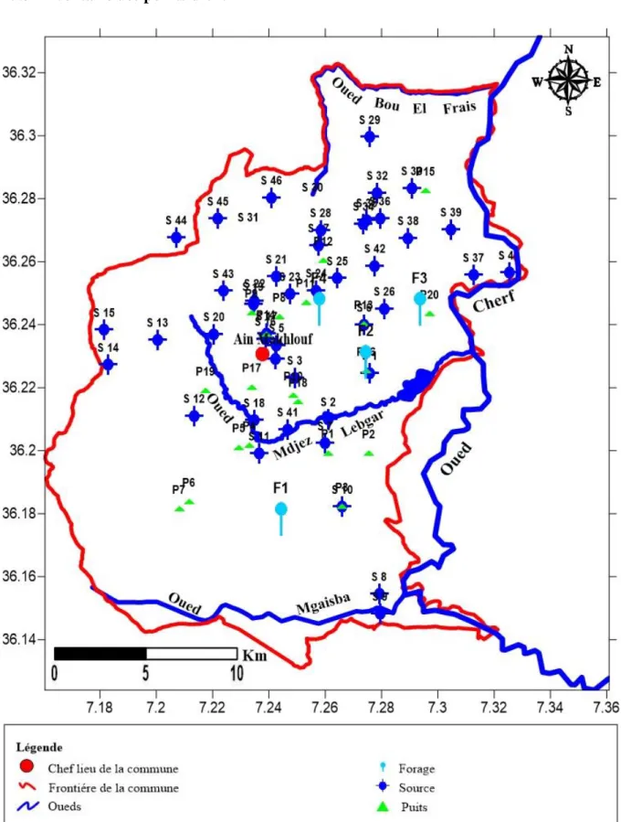 Figure 15: Carte d’inventaire des points d’eau dans la région d’Ain Makhlouf (période des  hautes eaux (Mai 2020))
