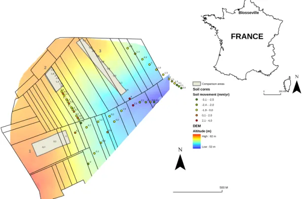 Figure  7.  Localisation  du  petit  bassin  de  Blosseville,  en  Normandie,  et  taux  d’érosion  (en  mm/an)  calculés le long de transects à partir d’inventaires de  137 Cs et de modèles de bilans de masse (Source :  Evrard et al., 2010)