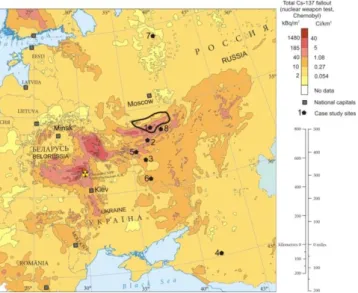 Figure 9. Carte des retombées en  137 Cs après  Tchernobyl  dans  l’Est  de  l’Europe  et  délimitation,  en  noir,  du  bassin  versant  de  l’Upa,  en  Russie  (Source :  European  Commission,  Atlas  of  caesium  deposition  on  Europe  after  the  Cher