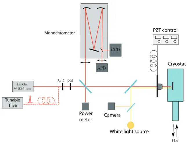 Figure 5.1: The setup used for optical studies of the micropillar-quantum dot system. To excite the sample, depending on the type of experiment, we use either a pulsed (a  mode-locked Titanium-Sapphire) or a continuous-wave laser (a laser diode)