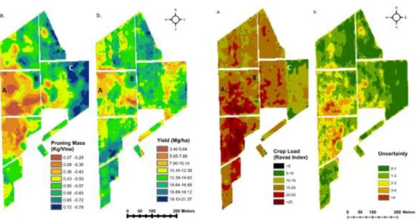 Figure 3.2 An example of mapping both a desired attribute (Crop Load or Fruit:Leaf ratio) in vineyards  and the potential uncertainty in the derived layer