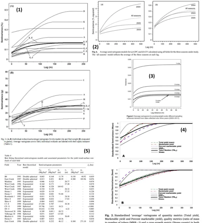Figure 4.1 Selected examples of published variograms [(1) – (4)] and variogram parameter tables (5)