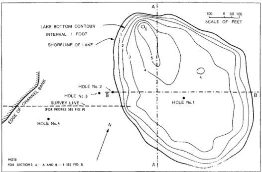 Fig. 5.  Lake  bottom  contours  and  borehole  locations  (April  1961). 