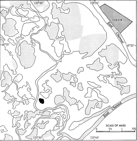 Fig.  2.  P a r t  of  the  Mackenzie  Delta  near  Inuvik  showing  lake  investigated  (in  black)
