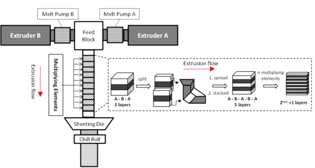 Figure 1.1: Principle of the multiplication of layer by the multilayer coextrusion process to fabricate the films