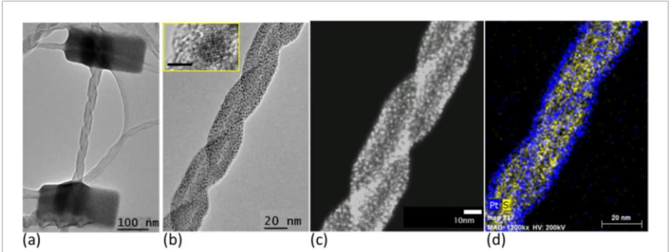 Figure 2.  Plan-view TEM analysis. (a) HRTEM image of a NS metallized and clamped at both ends with Pt using EBID