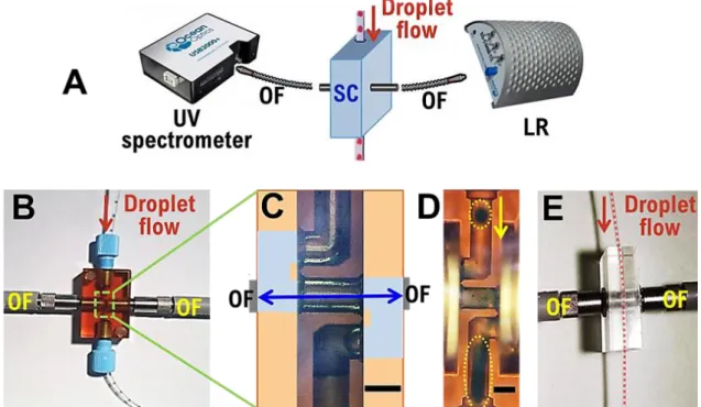 Fig. 4  (A) Schematic illustration of on-line droplet characterization module with sampling cell (SC), optical fibers  (OF)  and Light source LR; (B) commercial UV flow-cell with (C) Z-shaped inner flow path with 2.5mm optical  path length and (D) with dro