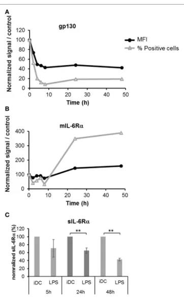 FigUre 2 | Kinetics of IL-6R subunits expression during the dendritic cells  (DCs) maturation