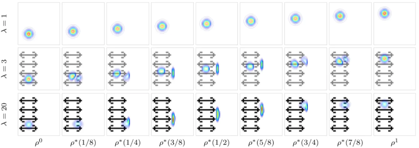 Fig 2 . Illustration of the mass ρ ∗ (t) estimated between ρ 0 and ρ 1 , through the computation of the generalized transport costs defined by the anisotropic matrices A λ introduced in (13)