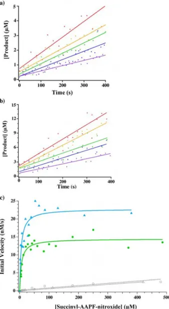 Figure 4. Selected curves of product generation kinetics from a range of substrates 3 C concentrations (5 to 250 mm ) in the presence of chymotrypsin (2 n m ) in HEPES buffer pH 7.4 at 25 8 C