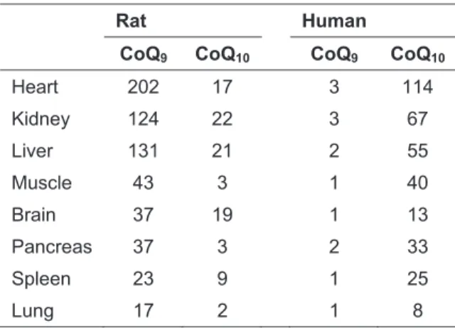 Table 3. Coenzyme Q levels in rat and human tissues (  g/g tissue). Adapted  from Turunen et al., 2003