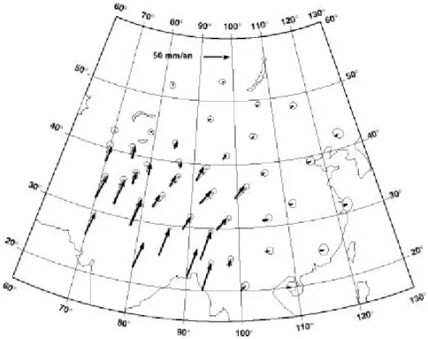Fig. II-14 (page 38, précédente): Modèle de vitesse lissé obtenu par inversion du champ de déformation déduit des glissements sur  failles quaternaires en Asie (England et Molnar, 1997a), en imposant à la partie indienne une vitesse relative à l’Eurasie fo