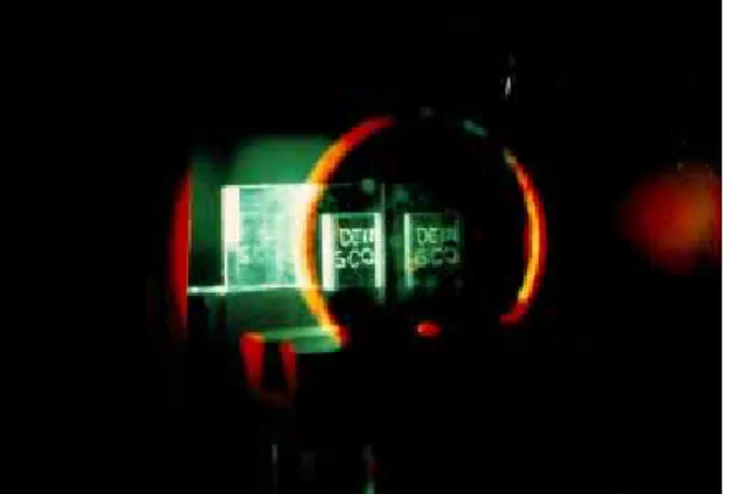 Figure 10 : Photographie d’une reconstruction d’image holographique temps réel. Un objet diffusant (parallélépipède gravé DEIN GCO) placé après un prisme en toit est vu à gauche, en  même temps que son image holographique, à droite derrière le disque en po