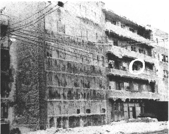 Figure 35 Front of building with circle indicating balcony of apartment in which the fire originated.