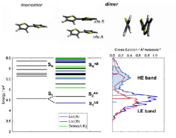 Figure 1.  Top: DFT (B97XD/6-31G*) molecular structures for the bi-thiophene monomer and  dimer (lateral and side views)