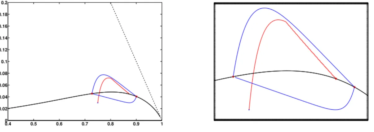 Fig. 5.5 Illustration of convergence of optimal trajectories towards the optimal Perron eigenline for the three- three-dimensional growth-fragmentation process with the same parameters as in Figure 5.4