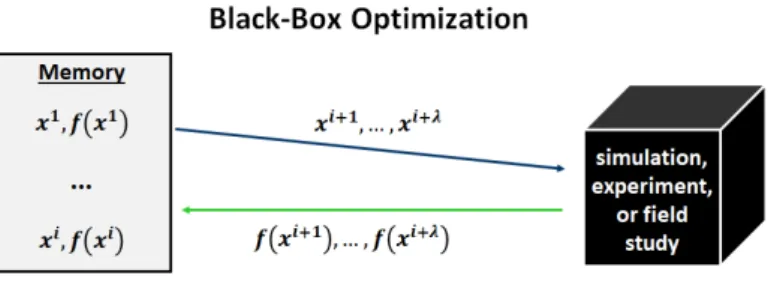 Figure 1.1: Black-box optimization problems require sampling-based algorithms. These algorithms treat the problem instance as an oracle, which reveals (absolute or relative) information about the quality of the solution candidates