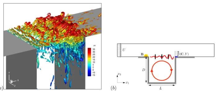 Figure 2.12  Représentation d'un écoulement 2D avec la couche de cisaillement instationnaire au sommet de la cavité (instabilité de Kelvin-Helmotz) et la recirculation du ux dans la cavité ( a ) et ( b )