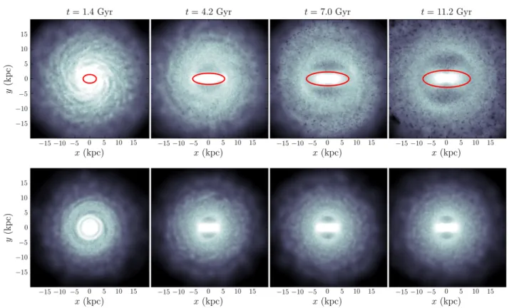 Figure 1.1: Snapshots of the N -body simulation (upper panels) at four dierent times, displaying stellar density, on the same range, projected on the xy plane