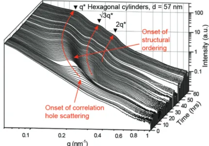 Fig. 1 Time-resolved in situ SAXS data collected during the chain extension of PMMA(31) to form PMMA(31)-PS(25) (experiment 5) via dispersion polymerisation in scCO 2 